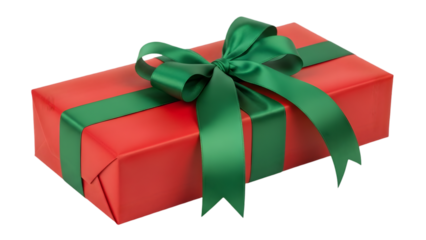 A single red wrapped christmas present with a green ribbon on a transparent background