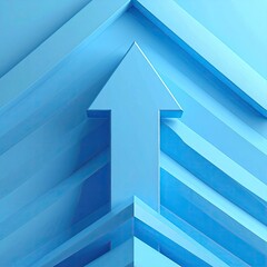 A 3D rendered arrow pointing upwards, abstract blue geometric shapes