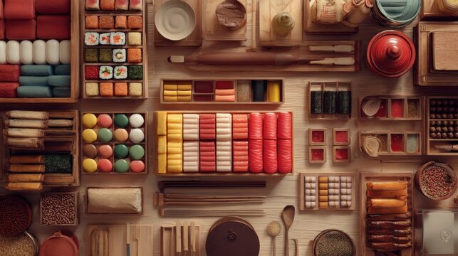 Colorful assortment of sushi ingredients and tools arranged on a wooden table for culinary creativity and food preparation - Powered by Adobe