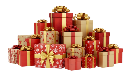 Pile of wrapped christmas presents in red and gold isolated on transparent background