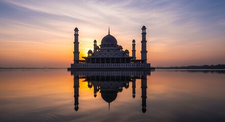 Majestic Mosque Reflection at Sunrise - A Serene Architectural Wonder.
