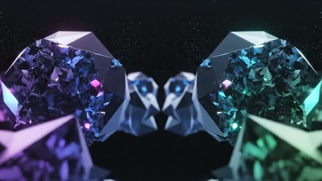 Abstract symmetric diamond shapes animated with blue, green, and purple gradient lighting against a dark background.