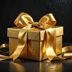 Gold gift box with satin ribbon on a reflective surface, dark background