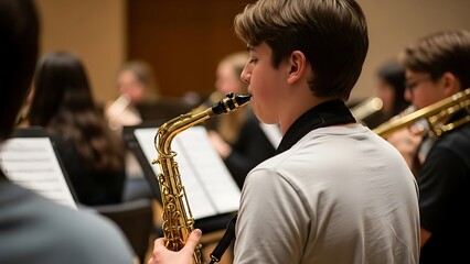 Young Male Musician Playing Gold Saxophone in Orchestra Rehearsal