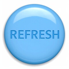 Round, glossy light blue button with the word "REFRESH" embossed