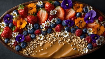 Vibrant fruit and flower arrangement featuring strawberries, blueberries, raspberries, and granola in a rustic bowl
