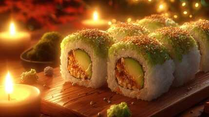 Delicious sushi rolls with avocado and sesame seeds on wooden board surrounded by decorative candles and festive lights