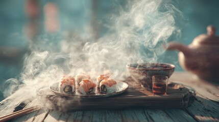 Freshly Made Sushi with Steam Rising on a Wooden Board Surrounded by Tea and Sauce for an Inviting Culinary Experience