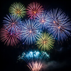 Vibrant Colorful Fireworks Display with Multiple Explosions in Night Sky