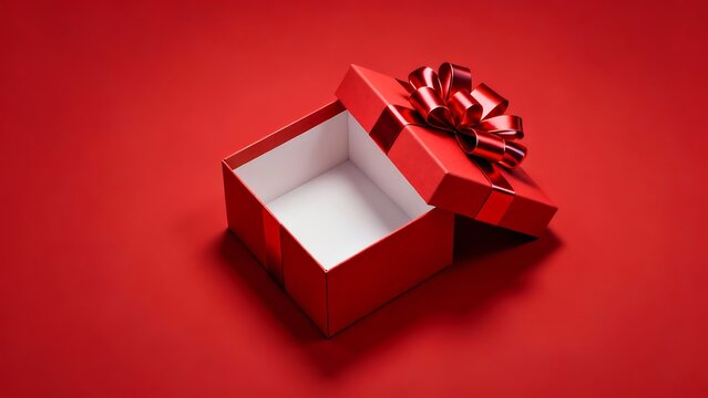 An elegant red gift box wrapped with a gold ribbon and bow is isolated on a black background for a Christmas or birthday celebration surprise - Powered by Adobe