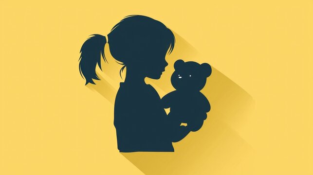 A flat vector design of an orphan icon, showing a silhouette of a child with a teddy bear.