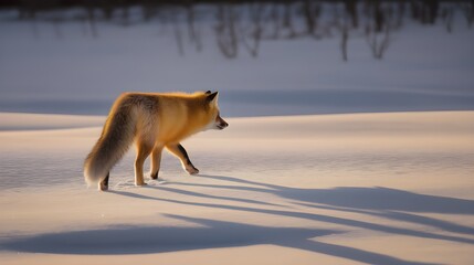 Red Fox Crossing Snow Field at Sunset