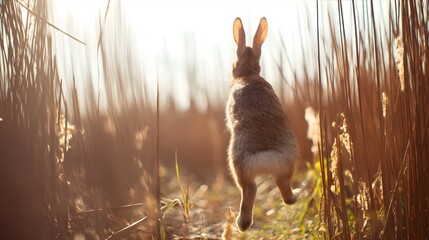 Rabbit Hopping Through Sunlit Reeds
