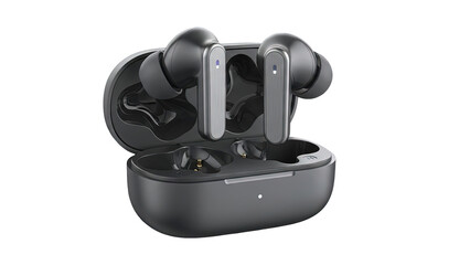 Modern black wireless earbuds with charging case open displaying blue and white indicator lights on white
