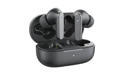 Modern black wireless earbuds with charging case open displaying blue and white indicator lights on white