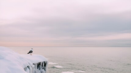 Seabird on Snowy Cliff Edge