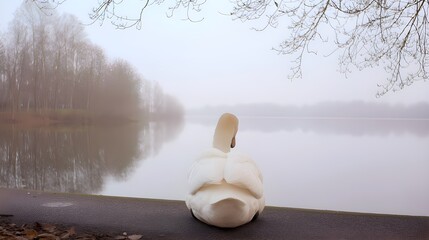 Swan Sitting by Misty Lake
