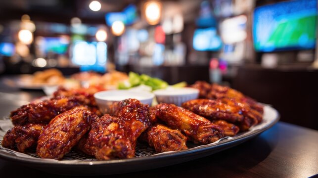 Delicious and Spicy Chicken Wings Served with Dipping Sauce in a Sports Bar Setting