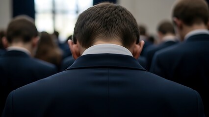 Young Man in Dark Suit with White Collar Standing in Conference Room