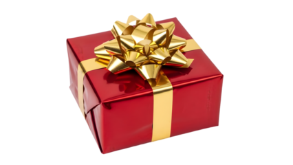 Red gift box with gold ribbon and bow on top isolated on transparent background