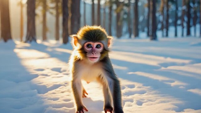 A young monkey sits in the snow covered forest looking at the camera with a curious expression monkey video