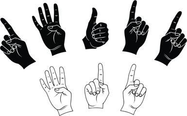 Fototapeta premium Collection of hand gestures in linear style on transparent background silhouette