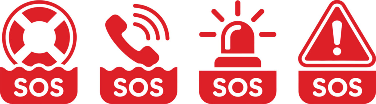 A comprehensive set of four red sos emergency icons representing rescue, call, alarm, and warning