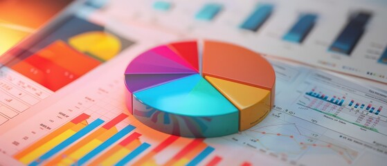 Vibrant 3D pie chart placed on financial documents with bar and line graphs, representing data analysis, reporting and business performance metrics.