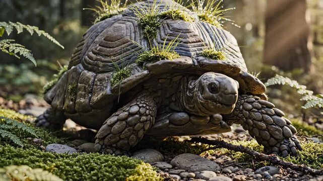 Ancient Forest Dweller - A Moss-Covered Tortoise in Natural Habitat.