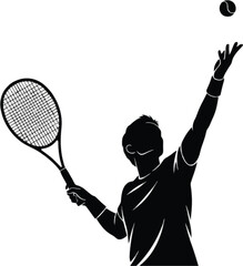 Tennis player serving with racket in a dynamic pose on transparent background silhouette
