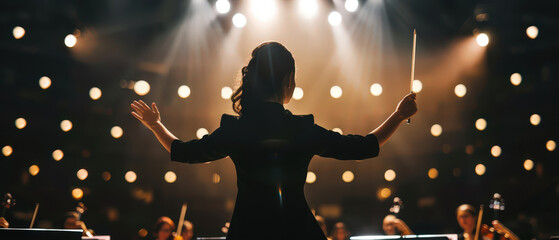 Fototapeta premium Female orchestra conductor leading musicians on a concert stage under dramatic warm lights, creating an inspiring classical music performance atmosphere.