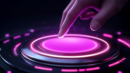 Human finger touching a vibrant glowing futuristic purple circular interface, representing
