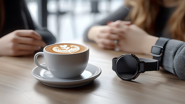 Heart-shaped latte art and a modern smartwatch create a perfect blend of cafe comfort and - Powered by Adobe