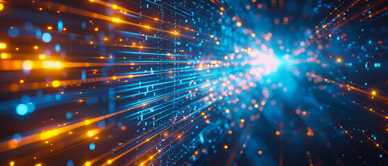 Bright abstract data streams in blue and orange colors, glowing particles and lines forming a dynamic futuristic digital network, modern technology background and high-speed information flow concept.
