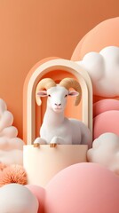Vertical Eid Al Adha Pastel Background Featuring Ram on Geometric Shapes, Ideal for Social Media Post