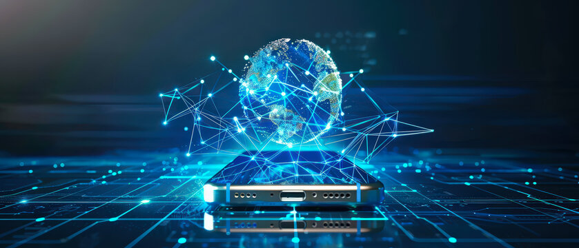 Futuristic smartphone projecting a glowing holographic globe with interconnected digital nodes, symbolizing global communication, high-tech connectivity, data transfer and modern mobile technology. - Powered by Adobe