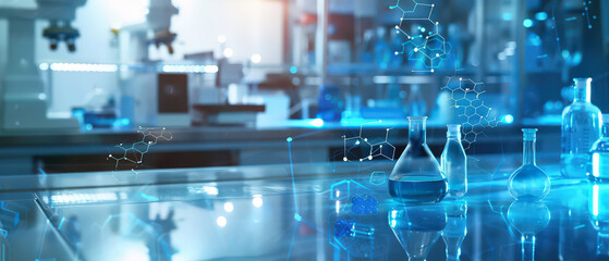 Futuristic laboratory scene with glass bottles, neon lighting and digital interface overlays, creating a modern scientific atmosphere with technology, research and innovation elements.