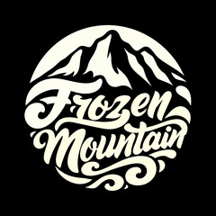 Creamy white mountain peak text inside circle on black