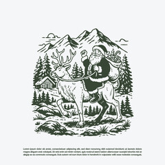 Fototapeta premium Vintage Santa Claus Riding Reindeer in Mountain Forest Christmas Illustration