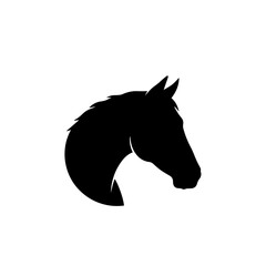 A striking black silhouette of a horse's head and neck, depicted in profile against a clean white background.