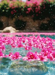 Close Up Of Pink Flowers Floating On A Swimming Pool Surface With Sunlight Reflection And Greenery In The Background