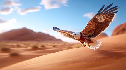 Majestic bald eagle soaring gracefully over vast desert dunes under a clear blue sky, embodying