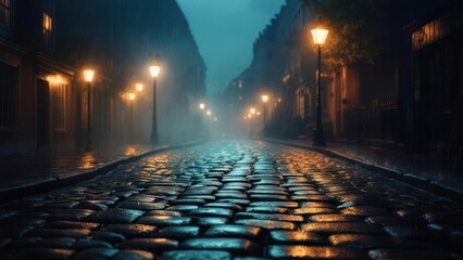 Cobblestone street at night, rain, fog