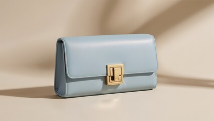 Fototapeta premium A stylish light blue leather handbag with a gold toned clasp is presented