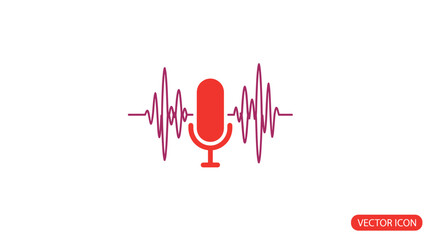 Red Microphone with Sound Wave Icon on White Background.