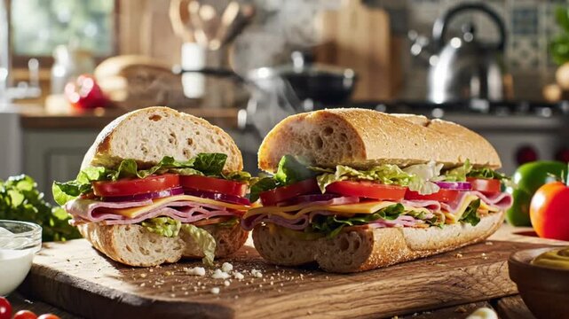 Delicious and Flavorful Sub Sandwiches with Fresh Ingredients on a Wooden Cutting Board in a Kitchen Setting
