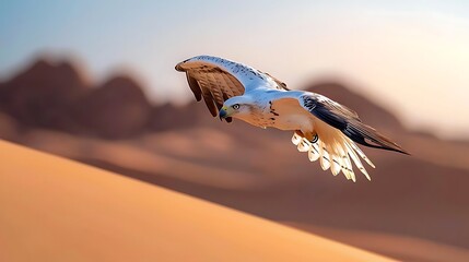 Majestic hawk soars gracefully over the golden dunes of the arid desert landscape