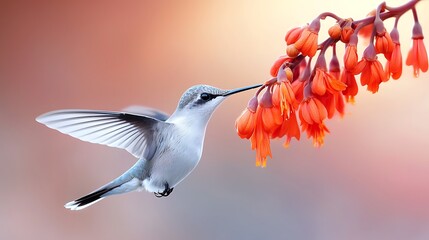 Majestic hummingbird delicately sips nectar from bright orange blossoms in soft natural light