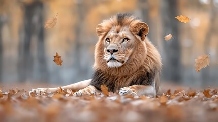 Majestic Lion Resting Amidst Autumn Leaves Capturing Serenity and Wildlife Beauty