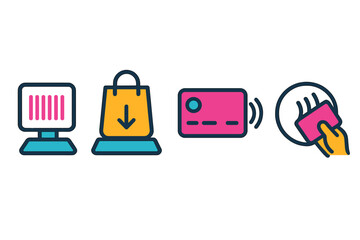 Modern Self-Checkout Icons. Self-Checkout Interface Elements flat set: scan pad icon, item-bag prompt, payment tap symbol.